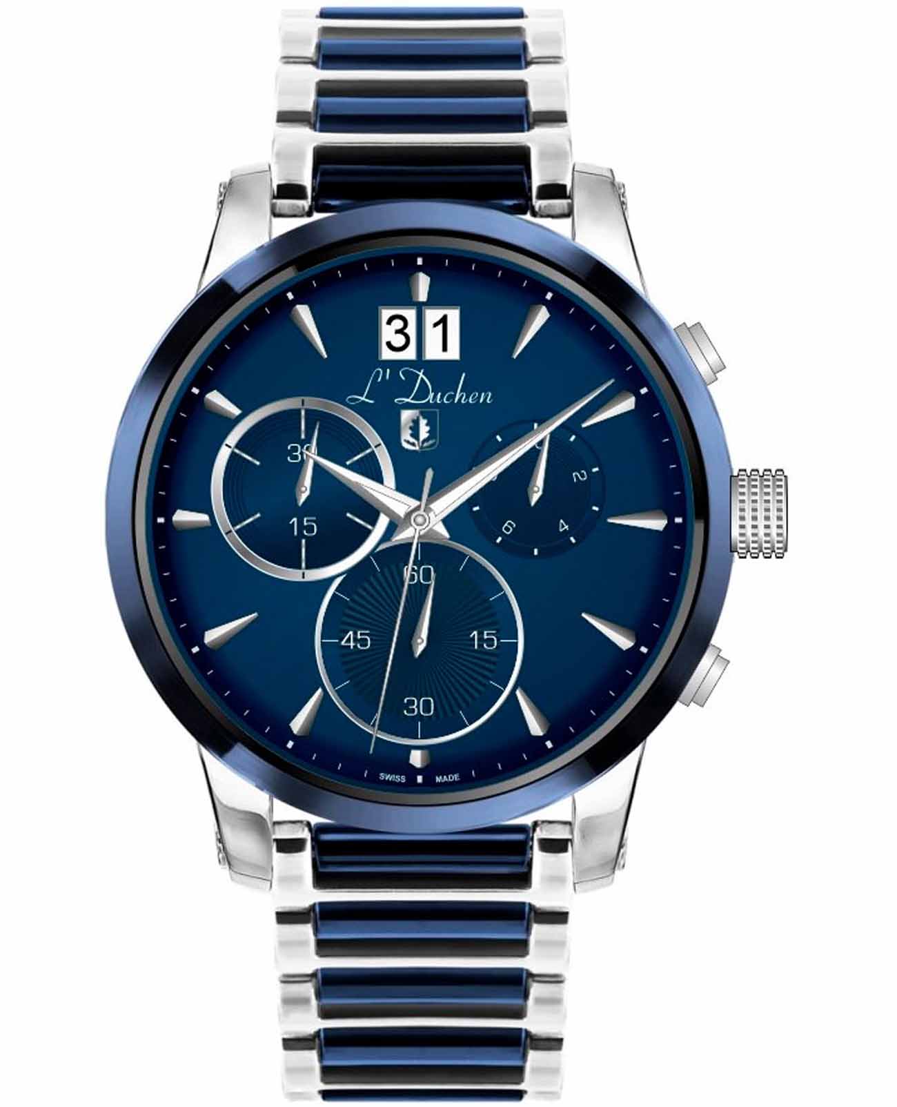 L'Duchen L'Duchen Aerostat Chrono D 232.30.31  D 232.30.31 кварцевые мужские часы синий циферблат, браслет сталь + керамические вставки — вид спереди